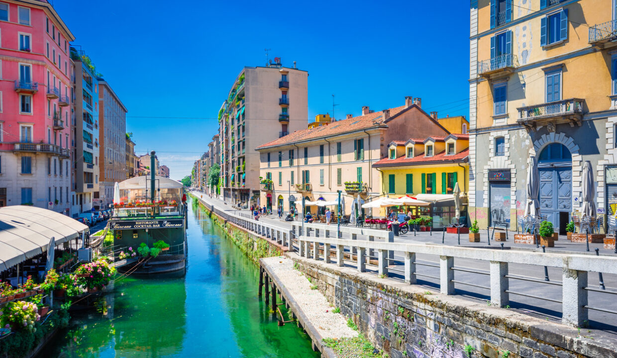 Scenic Naviglio grand canal in Milan, Lombardia, Italy