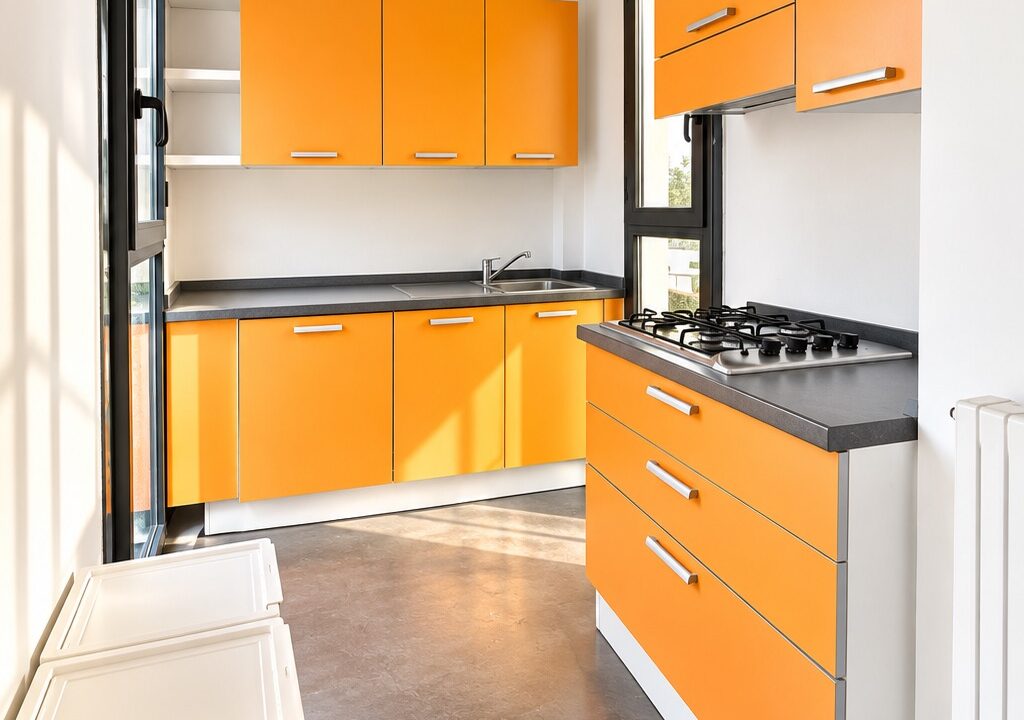 Cucina Minimalista Arancio e Luce Solare
