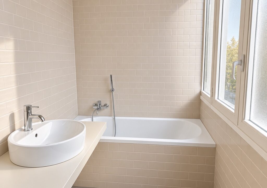 Bagno minimalista luminoso in tonalità calde