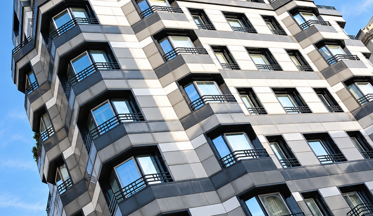 Edificio moderno geometrico sotto il cielo blu